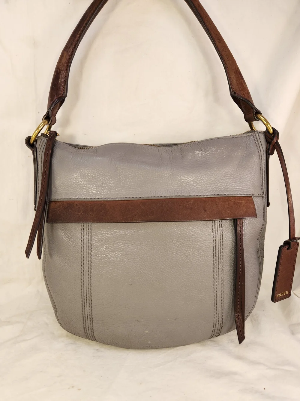 FOSSIL PEBBLED LEATHER GRAY BROWN HAND SHOULDER BAG PURSE EUC